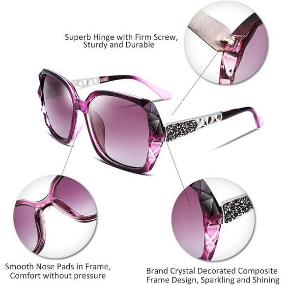 Women's Purple Crystal Square Sunglasses Sparkling Composite Shiny Frame Design - Picture 3 of 9